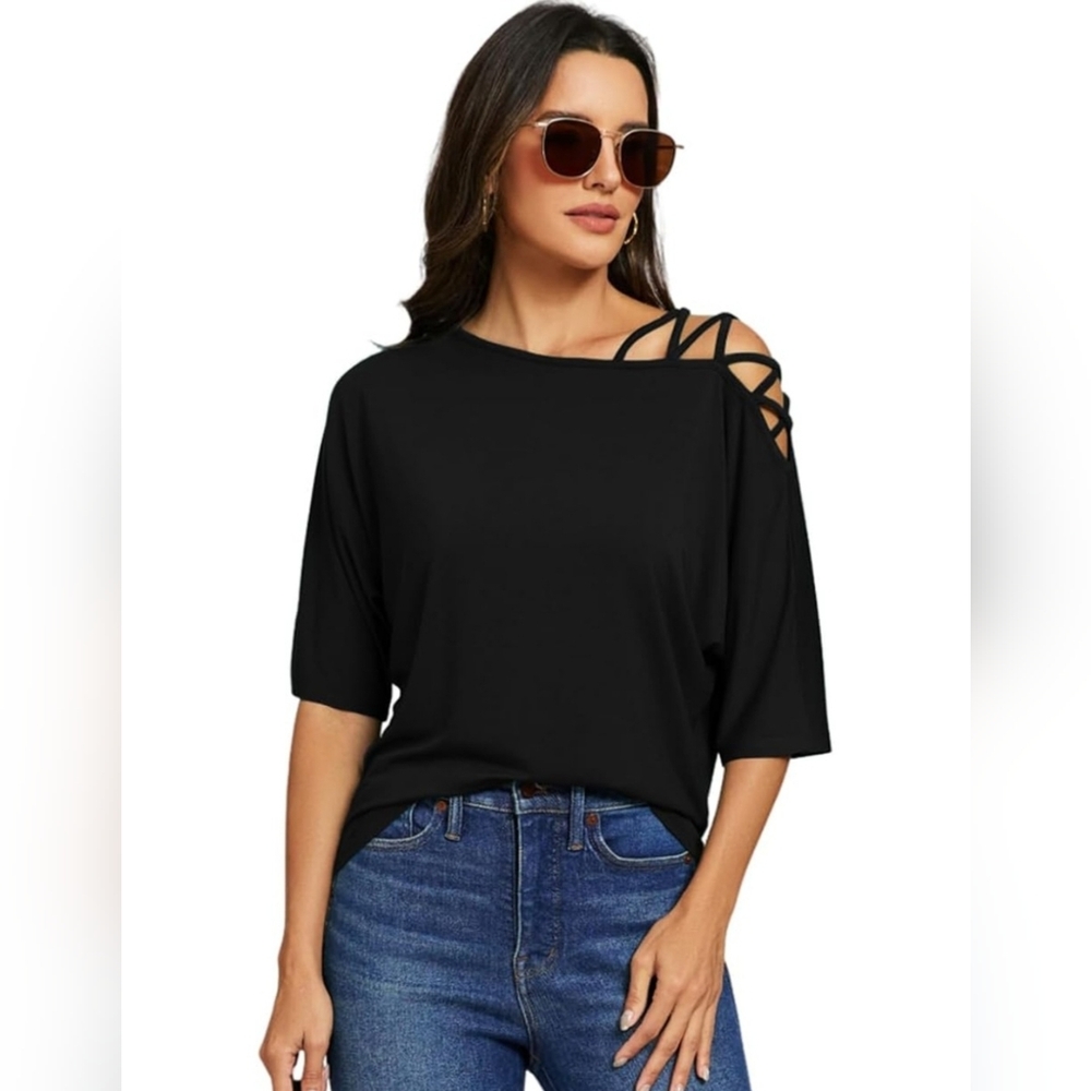 New With Tags Black Women's Top with Strappy Shoulder Crossover Detail Size Xl